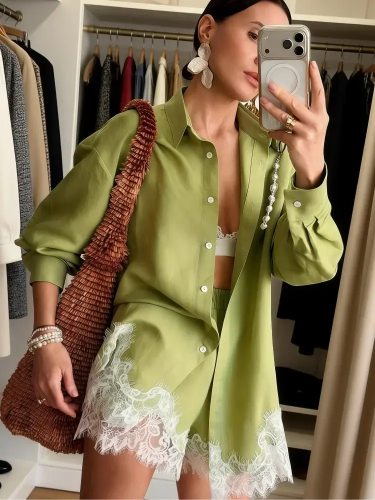 Green women's casual matching set with long sleeve shirts and shorts, featuring lace patchwork, spring beach outfit by SHOPEZRA L.L.C.