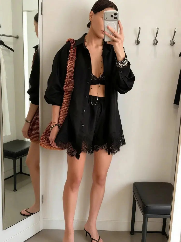 Green casual women's matching set with long sleeve shirts and shorts, featuring lace patchwork, perfect for spring beach outings.