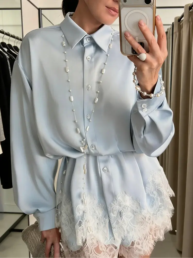 Green women's matching casual set with long sleeve shirts and shorts, featuring lace patchwork, perfect for spring beach outings.