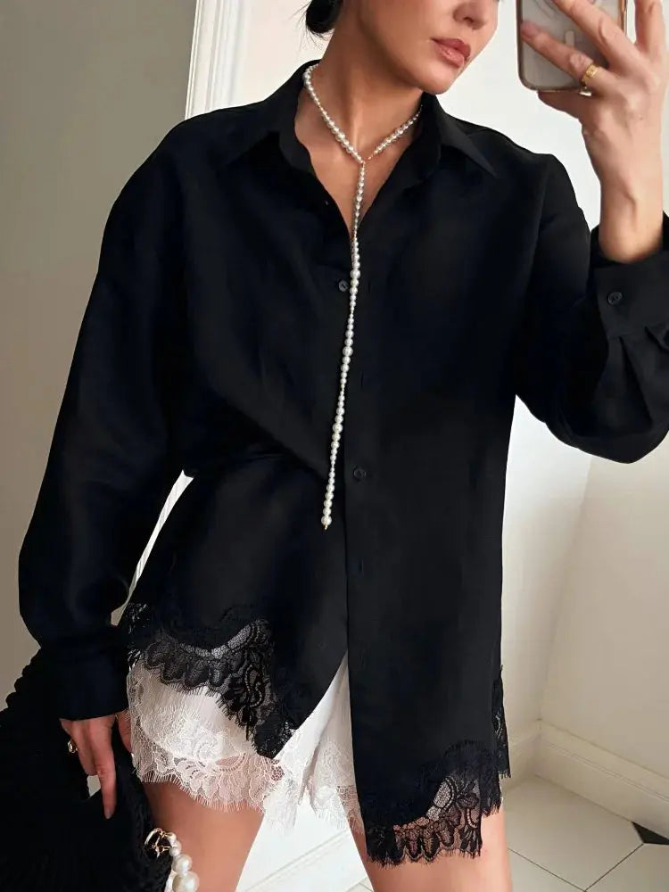 Green casual women's matching set with long sleeve shirts and shorts, featuring lace patchwork, perfect for spring beach outings.
