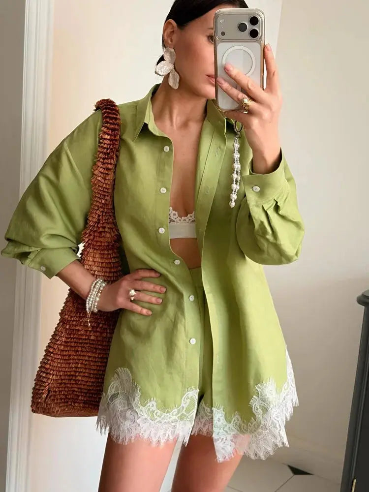 Green casual women's matching set with long sleeve shirts and shorts, featuring lace patchwork for spring beach outings.