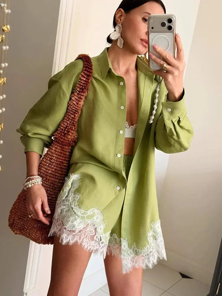 Green casual women's matching set with long sleeve shirts and shorts, lace patchwork, perfect for spring beach outings.