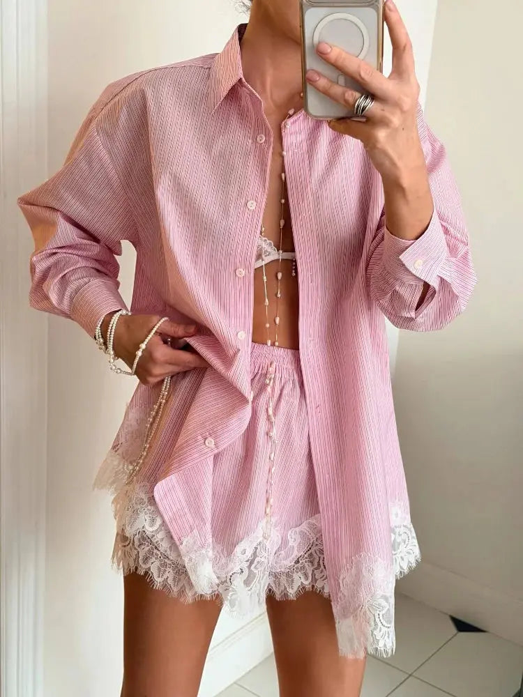 Green casual women's matching set with long sleeve shirts and shorts, featuring lace patchwork for spring beach outings.