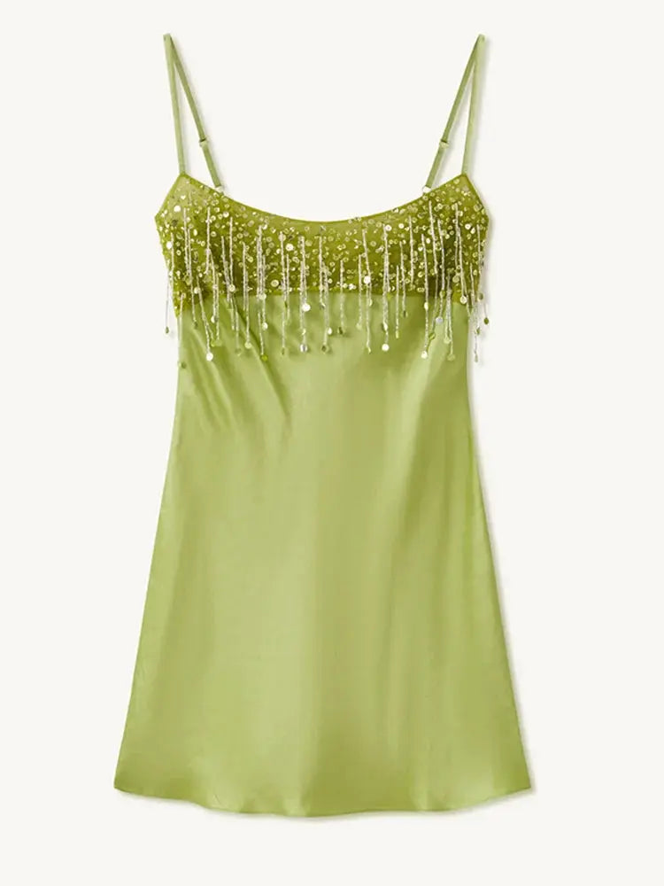 Green satin sequin tassel mini dress with elegant straps, low neckline, stylish back zipper, perfect for beach parties and events.