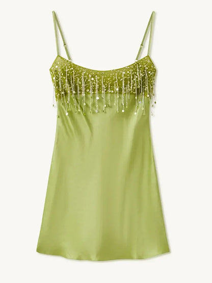 Chic High End Sequin Tassel Satin Dress Women&