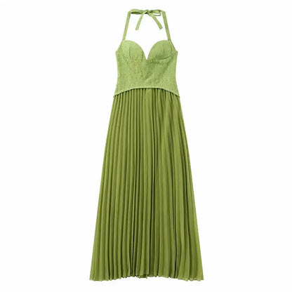 Green Fishbone Corset Halter Maxi Dress Women Sleeveless Backless Pleated Patchwork Slim Dresses Lady Solid Party Evening Gown by Dropshipman