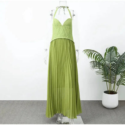 Green Fishbone Corset Halter Maxi Dress Women Sleeveless Backless Pleated Patchwork Slim Dresses Lady Solid Party Evening Gown by Dropshipman