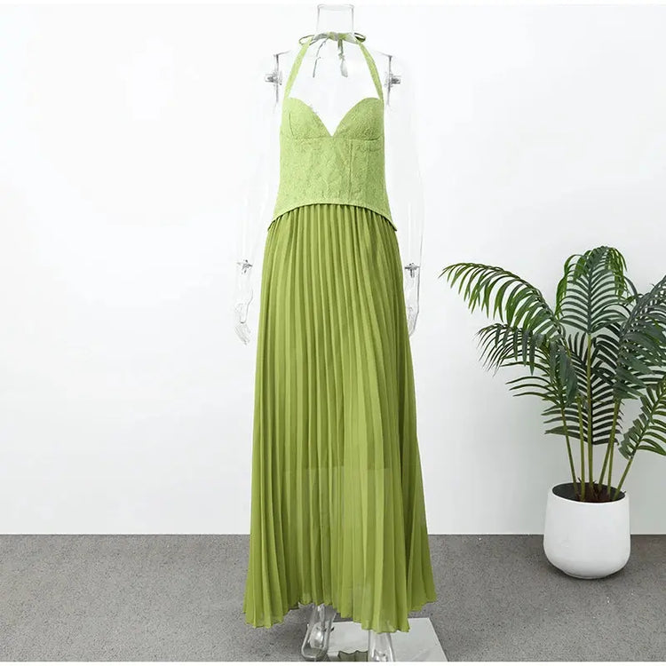 Green Fishbone Corset Halter Maxi Dress Women Sleeveless Backless Pleated Patchwork Slim Dresses Lady Solid Party Evening Gown SHOPEZRA L.L.C.