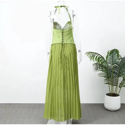 Green Fishbone Corset Halter Maxi Dress Women Sleeveless Backless Pleated Patchwork Slim Dresses Lady Solid Party Evening Gown by Dropshipman