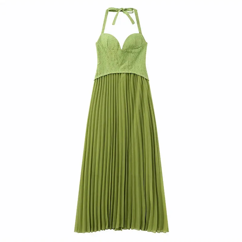 Green Fishbone Corset Halter Maxi Dress Women Sleeveless Backless Pleated Patchwork Slim Dresses Lady Solid Party Evening Gown SHOPEZRA L.L.C.