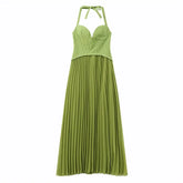 Green Fishbone Corset Halter Maxi Dress Women Sleeveless Backless Pleated Patchwork Slim Dresses Lady Solid Party Evening Gown SHOPEZRA L.L.C.