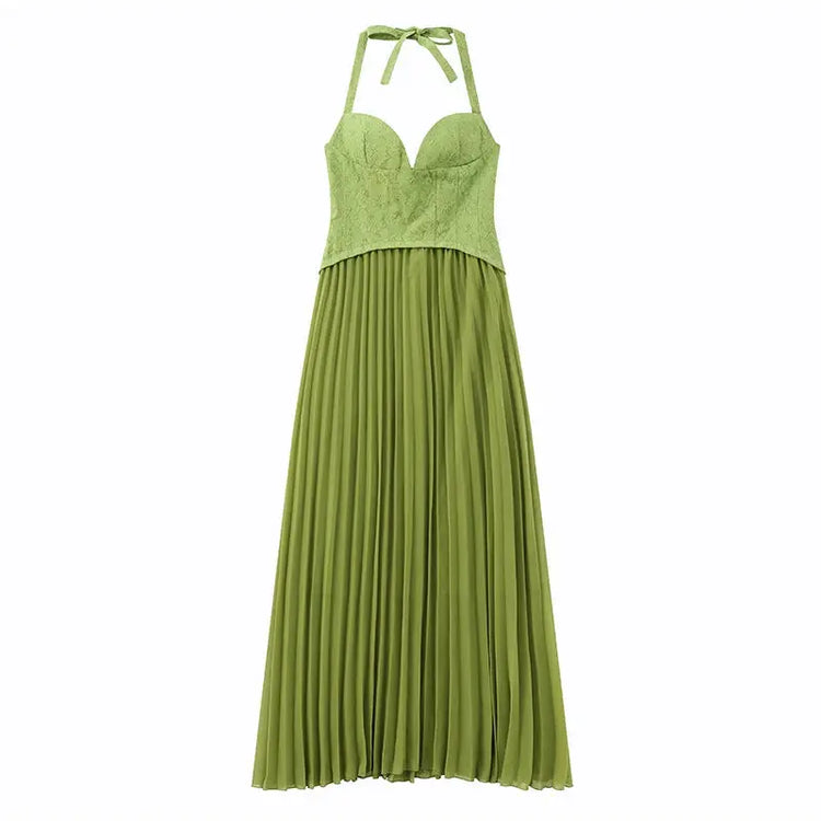 Green Fishbone Corset Halter Maxi Dress Women Sleeveless Backless Pleated Patchwork Slim Dresses Lady Solid Party Evening Gown SHOPEZRA L.L.C.