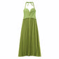 Green Fishbone Corset Halter Maxi Dress Women Sleeveless Backless Pleated Patchwork Slim Dresses Lady Solid Party Evening Gown SHOPEZRA L.L.C.