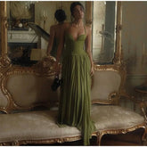 Green Fishbone Corset Halter Maxi Dress Women Sleeveless Backless Pleated Patchwork Slim Dresses Lady Solid Party Evening Gown SHOPEZRA L.L.C.
