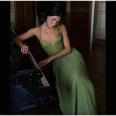 Green Fishbone Corset Halter Maxi Dress Women Sleeveless Backless Pleated Patchwork Slim Dresses Lady Solid Party Evening Gown SHOPEZRA L.L.C.