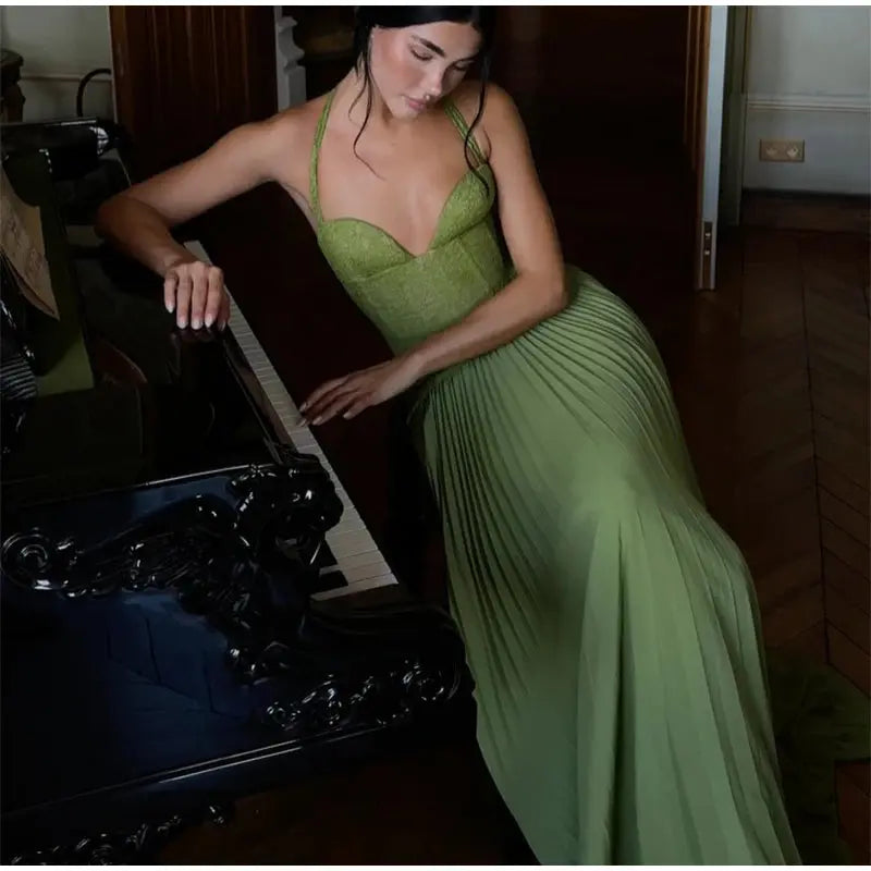 Green Fishbone Corset Halter Maxi Dress Women Sleeveless Backless Pleated Patchwork Slim Dresses Lady Solid Party Evening Gown SHOPEZRA L.L.C.