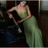 Green Fishbone Corset Halter Maxi Dress Women Sleeveless Backless Pleated Patchwork Slim Dresses Lady Solid Party Evening Gown SHOPEZRA L.L.C.