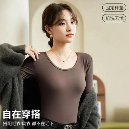 Modal Thermal Underwear for Women, Long-Sleeved Base Layer with Chest Pads, No Need to Wear a Bra, Top T-Shirt, Autumn Wear, Round Neck by Dropshipman