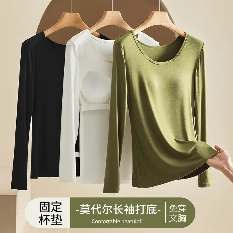 Modal Thermal Underwear for Women, Long-Sleeved Base Layer with Chest Pads, No Need to Wear a Bra, Top T-Shirt, Autumn Wear, Round Neck SHOPEZRA L.L.C.