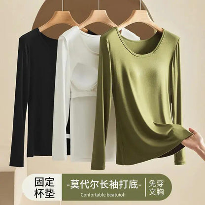 Modal Thermal Underwear for Women, Long-Sleeved Base Layer with Chest Pads, No Need to Wear a Bra, Top T-Shirt, Autumn Wear, Round Neck by Dropshipman