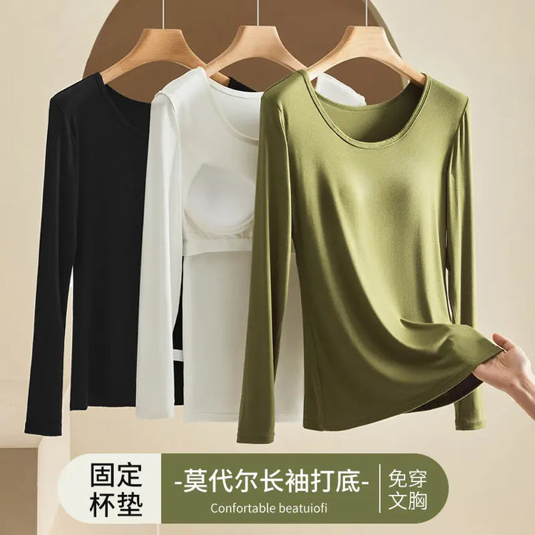 Modal Thermal Underwear for Women, Long-Sleeved Base Layer with Chest Pads, No Need to Wear a Bra, Top T-Shirt, Autumn Wear, Round Neck SHOPEZRA L.L.C.