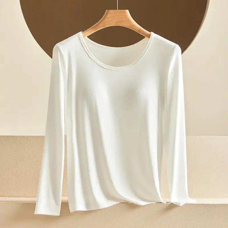 Modal Thermal Underwear for Women, Long-Sleeved Base Layer with Chest Pads, No Need to Wear a Bra, Top T-Shirt, Autumn Wear, Round Neck by Dropshipman