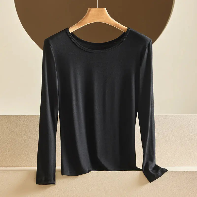 Modal Thermal Underwear for Women, Long-Sleeved Base Layer with Chest Pads, No Need to Wear a Bra, Top T-Shirt, Autumn Wear, Round Neck SHOPEZRA L.L.C.
