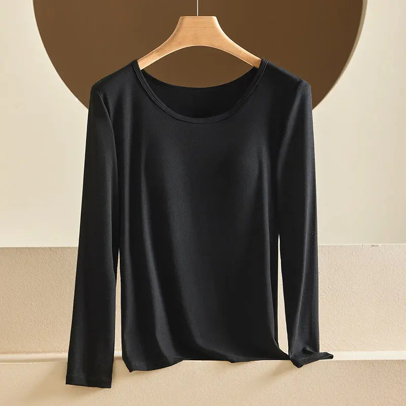 Modal Thermal Underwear for Women, Long-Sleeved Base Layer with Chest Pads, No Need to Wear a Bra, Top T-Shirt, Autumn Wear, Round Neck SHOPEZRA L.L.C.
