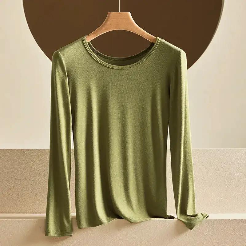Modal Thermal Underwear for Women, Long-Sleeved Base Layer with Chest Pads, No Need to Wear a Bra, Top T-Shirt, Autumn Wear, Round Neck by Dropshipman