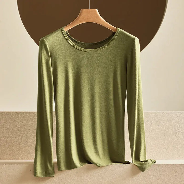 Modal Thermal Underwear for Women, Long-Sleeved Base Layer with Chest Pads, No Need to Wear a Bra, Top T-Shirt, Autumn Wear, Round Neck SHOPEZRA L.L.C.