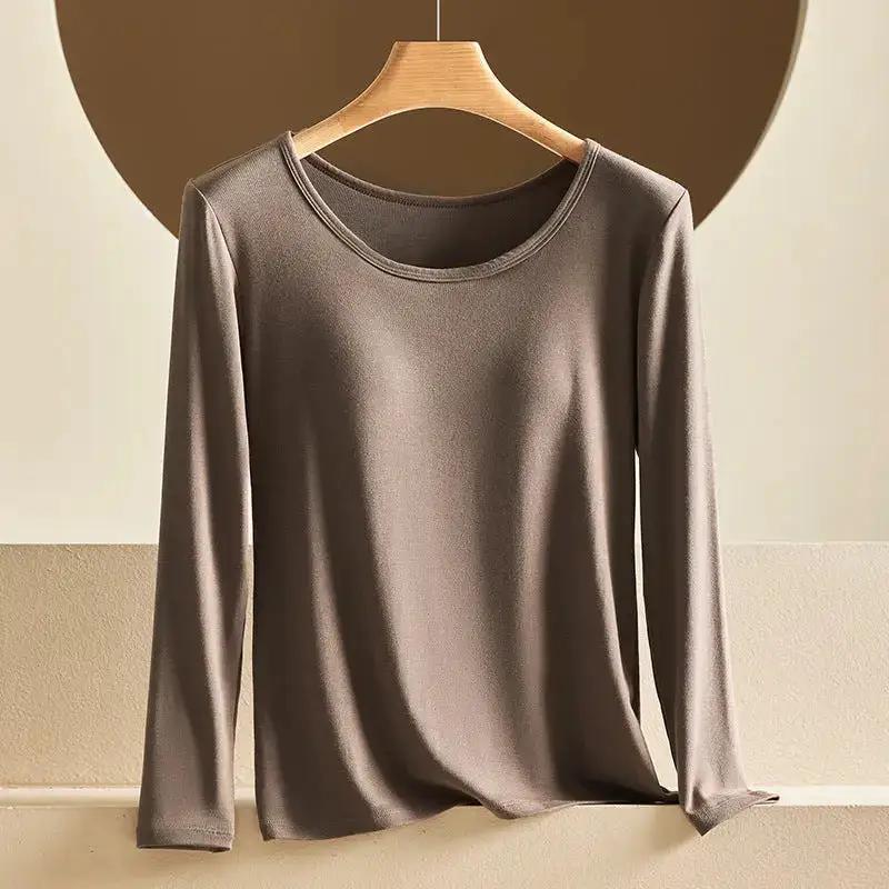 Modal Thermal Underwear for Women, Long-Sleeved Base Layer with Chest Pads, No Need to Wear a Bra, Top T-Shirt, Autumn Wear, Round Neck by Dropshipman