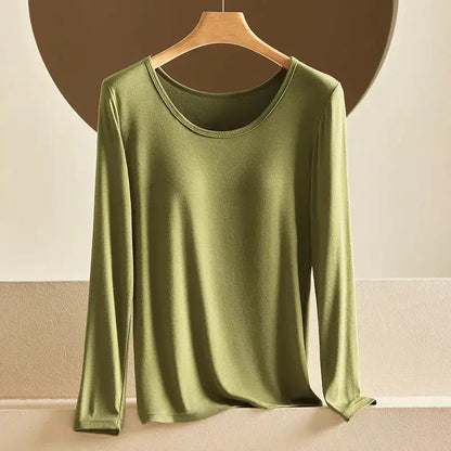 Modal Thermal Underwear for Women, Long-Sleeved Base Layer with Chest Pads, No Need to Wear a Bra, Top T-Shirt, Autumn Wear, Round Neck by Dropshipman