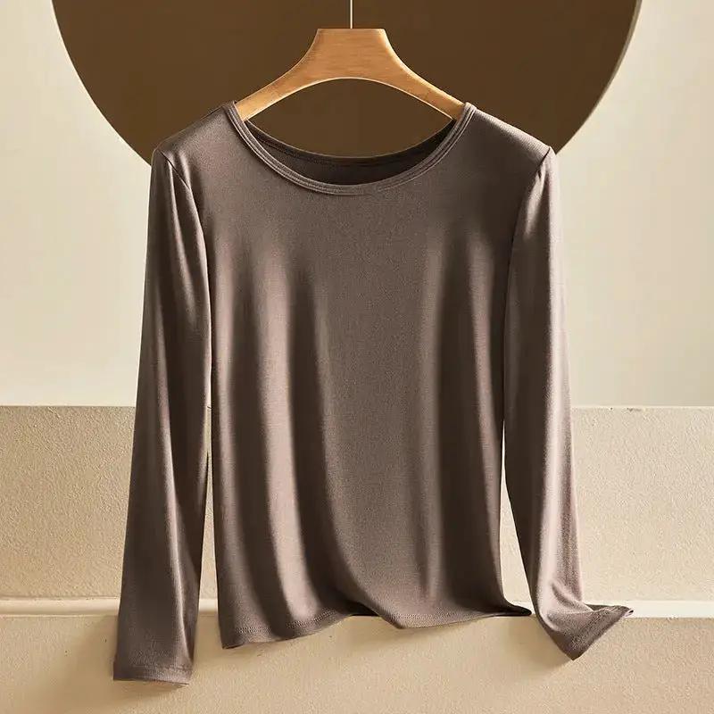 Modal Thermal Underwear for Women, Long-Sleeved Base Layer with Chest Pads, No Need to Wear a Bra, Top T-Shirt, Autumn Wear, Round Neck by Dropshipman