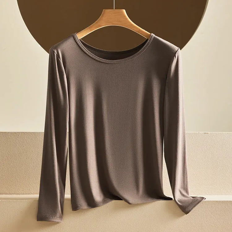 Modal Thermal Underwear for Women, Long-Sleeved Base Layer with Chest Pads, No Need to Wear a Bra, Top T-Shirt, Autumn Wear, Round Neck SHOPEZRA L.L.C.