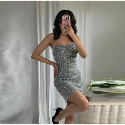 Rhinestone Shining Sexy Evening Dress Women Sleeveless Backless Slim Party Pleated Gown Female Dresses Street Vacation Lady Robe by Dropshipman