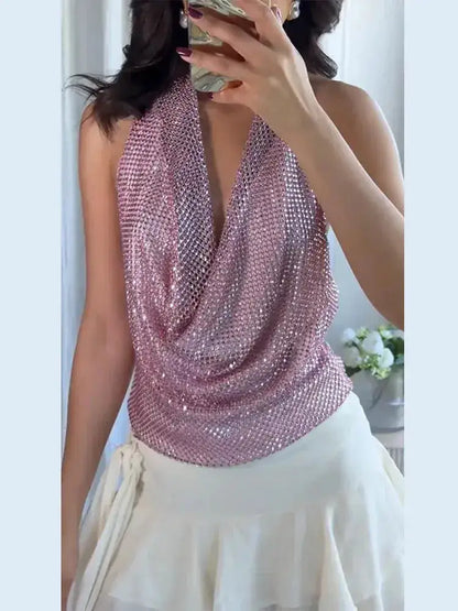 Rhinestone Shining Sexy Evening Dress Women Sleeveless Backless Slim Party Pleated Gown Female Dresses Street Vacation Lady Robe by Dropshipman