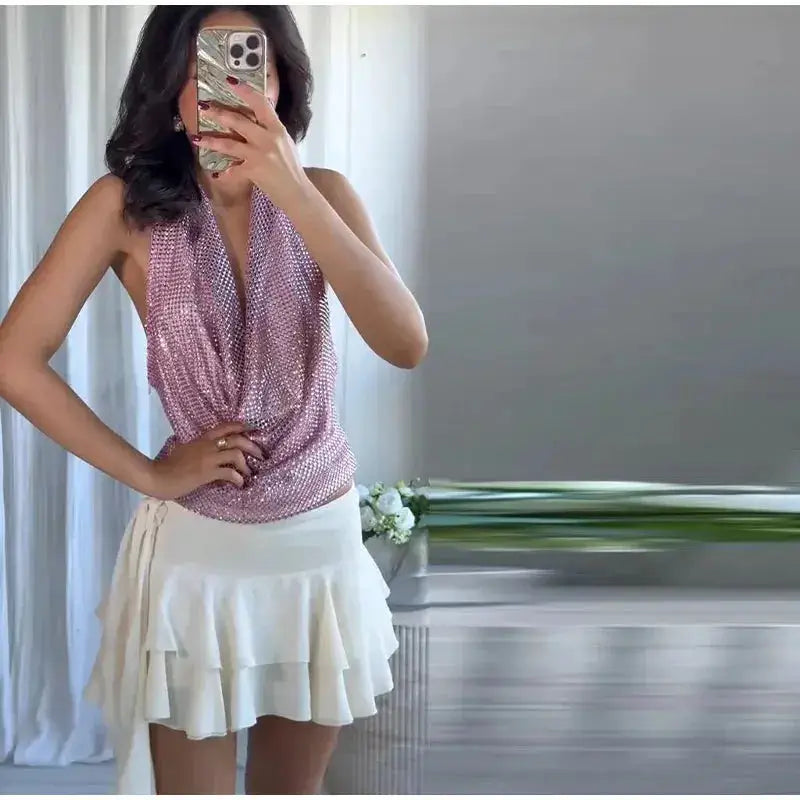 Rhinestone Shining Sexy Evening Dress Women Sleeveless Backless Slim Party Pleated Gown Female Dresses Street Vacation Lady Robe by Dropshipman
