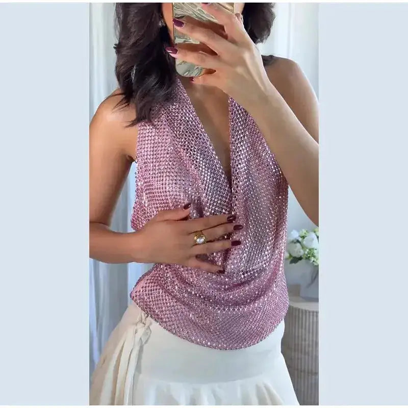 Rhinestone Shining Sexy Evening Dress Women Sleeveless Backless Slim Party Pleated Gown Female Dresses Street Vacation Lady Robe by Dropshipman