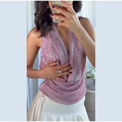 Rhinestone Shining Sexy Evening Dress Women Sleeveless Backless Slim Party Pleated Gown Female Dresses Street Vacation Lady Robe by Dropshipman