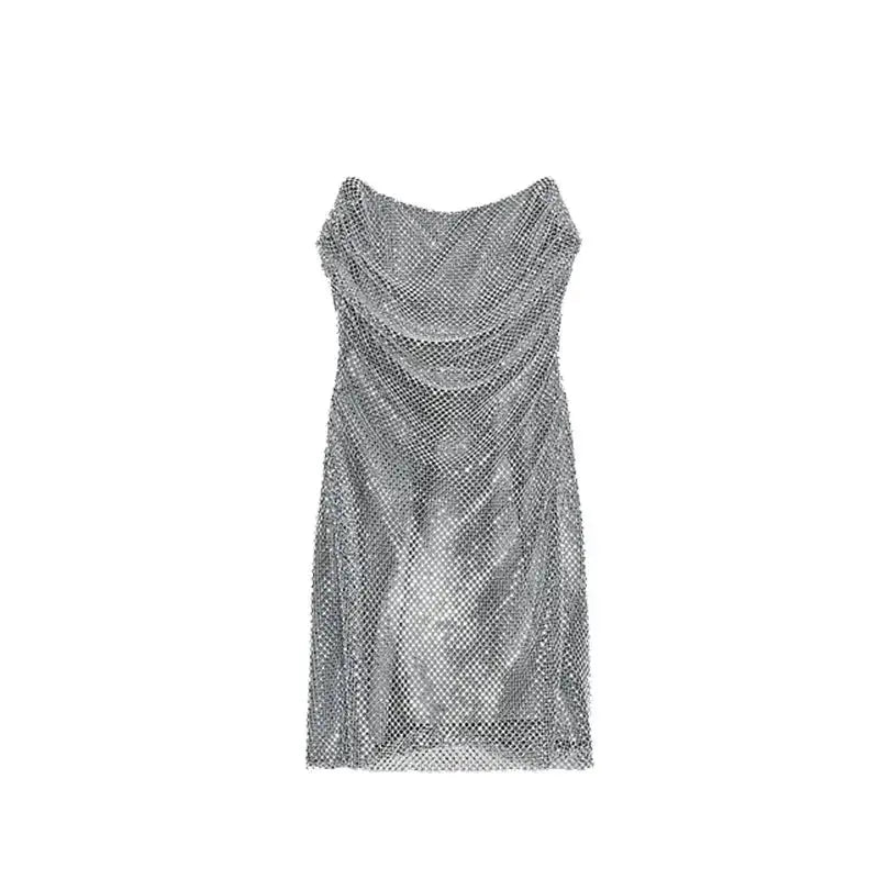 Rhinestone Shining Sexy Evening Dress Women Sleeveless Backless Slim Party Pleated Gown Female Dresses Street Vacation Lady Robe by Dropshipman