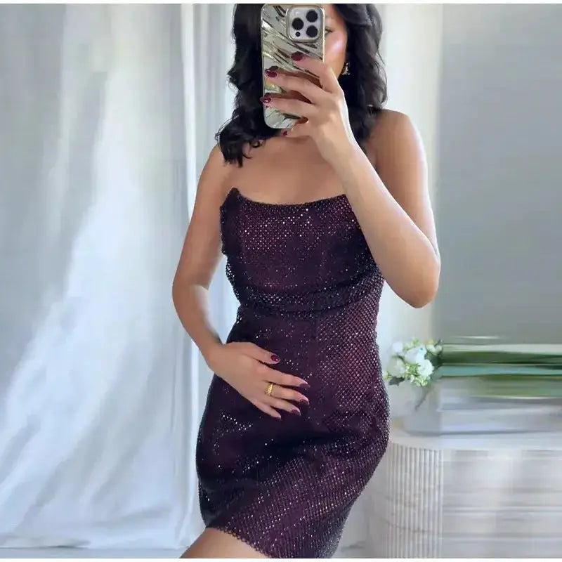 Rhinestone Shining Sexy Evening Dress Women Sleeveless Backless Slim Party Pleated Gown Female Dresses Street Vacation Lady Robe by Dropshipman