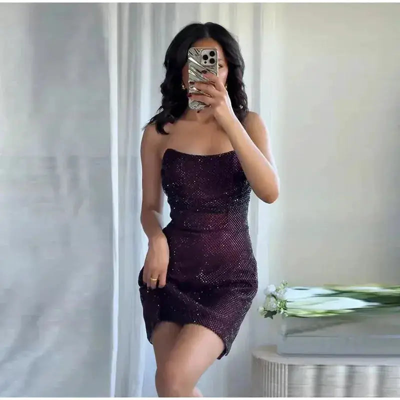 Rhinestone Shining Sexy Evening Dress Women Sleeveless Backless Slim Party Pleated Gown Female Dresses Street Vacation Lady Robe by Dropshipman