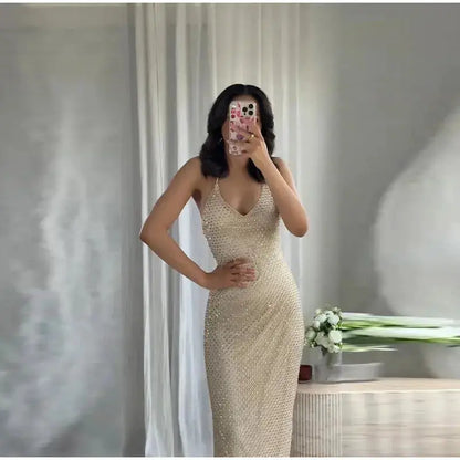 Rhinestone Shining Sexy Evening Dress Women Sleeveless Backless Slim Party Pleated Gown Female Dresses Street Vacation Lady Robe by Dropshipman