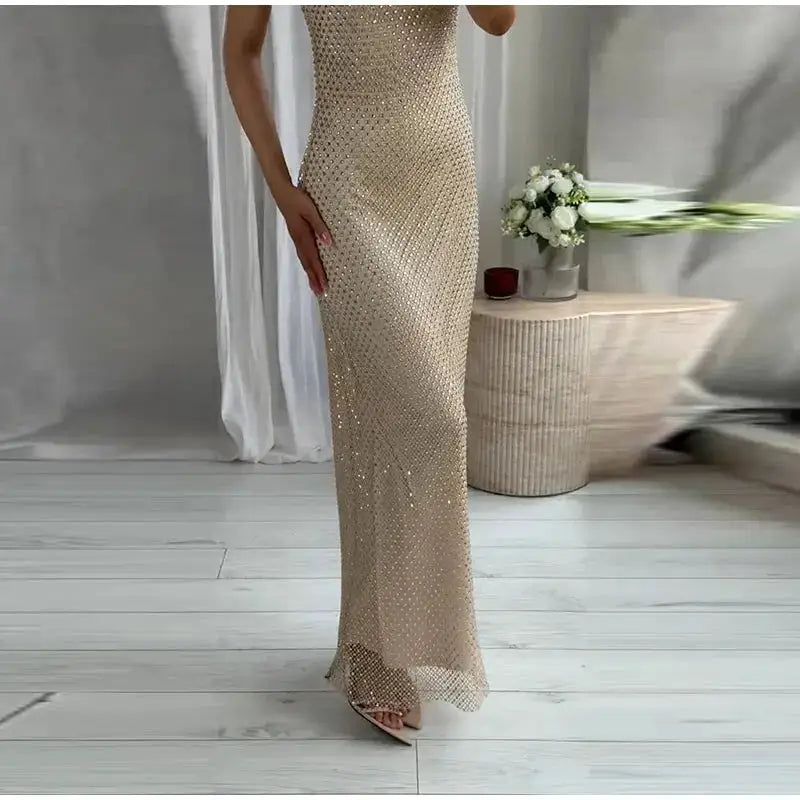 Rhinestone Shining Sexy Evening Dress Women Sleeveless Backless Slim Party Pleated Gown Female Dresses Street Vacation Lady Robe by Dropshipman