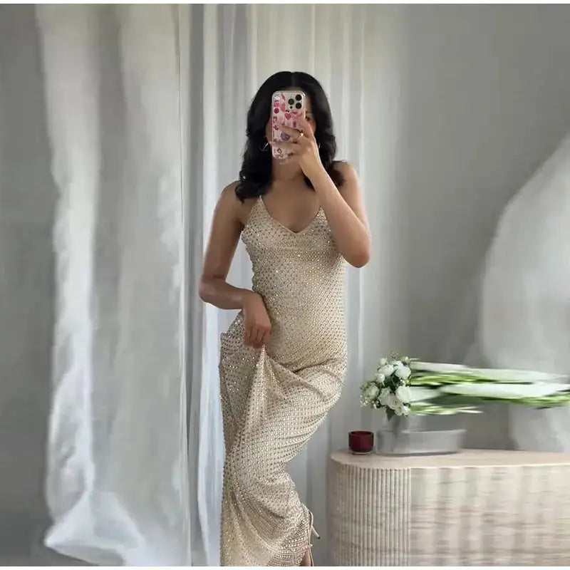Rhinestone Shining Sexy Evening Dress Women Sleeveless Backless Slim Party Pleated Gown Female Dresses Street Vacation Lady Robe by Dropshipman