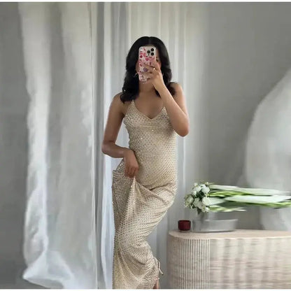 Rhinestone Shining Sexy Evening Dress Women Sleeveless Backless Slim Party Pleated Gown Female Dresses Street Vacation Lady Robe by Dropshipman
