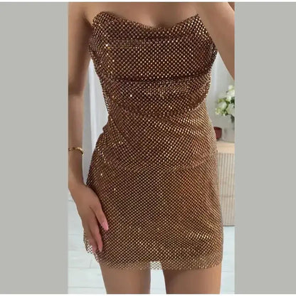 Rhinestone Shining Sexy Evening Dress Women Sleeveless Backless Slim Party Pleated Gown Female Dresses Street Vacation Lady Robe by Dropshipman
