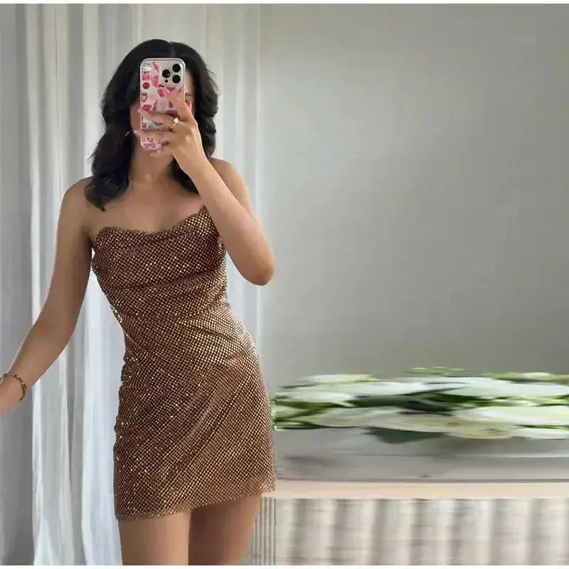 Rhinestone Shining Sexy Evening Dress Women Sleeveless Backless Slim Party Pleated Gown Female Dresses Street Vacation Lady Robe by Dropshipman