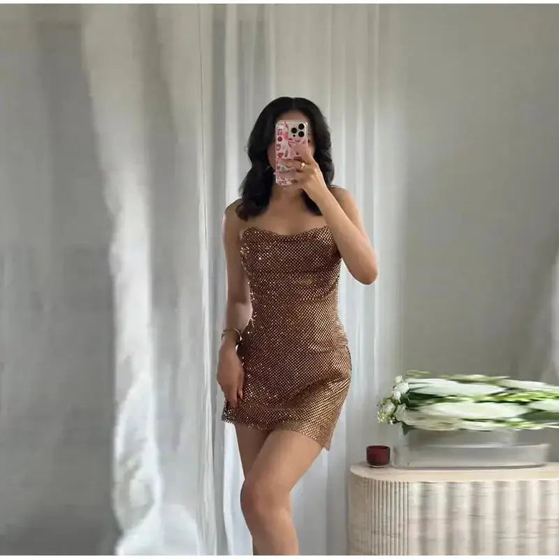 Rhinestone Shining Sexy Evening Dress Women Sleeveless Backless Slim Party Pleated Gown Female Dresses Street Vacation Lady Robe by Dropshipman