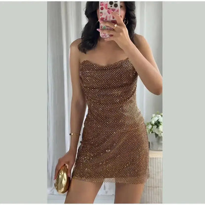 Rhinestone Shining Sexy Evening Dress Women Sleeveless Backless Slim Party Pleated Gown Female Dresses Street Vacation Lady Robe by Dropshipman